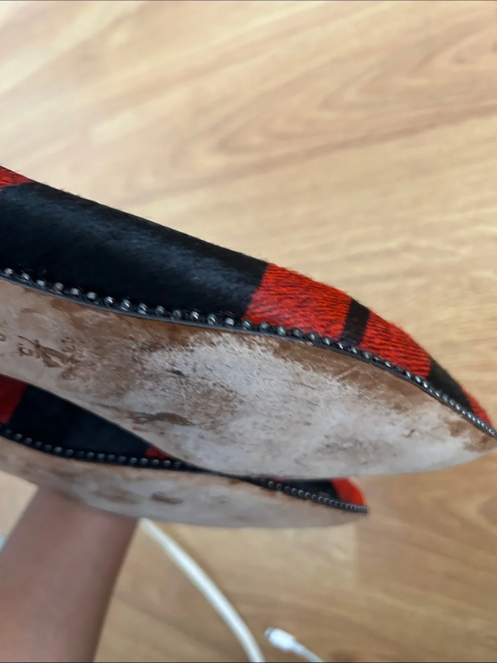 Coach Red and Black Plaid Pointed Toe Reeves Plaid Calf Hair Flats